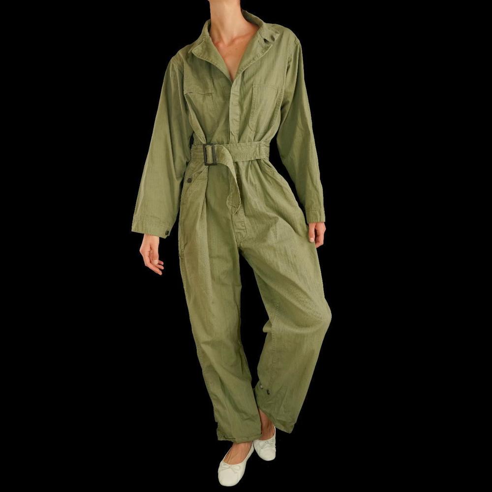 Vintage 1940s military green herringbone belted jumpsuit